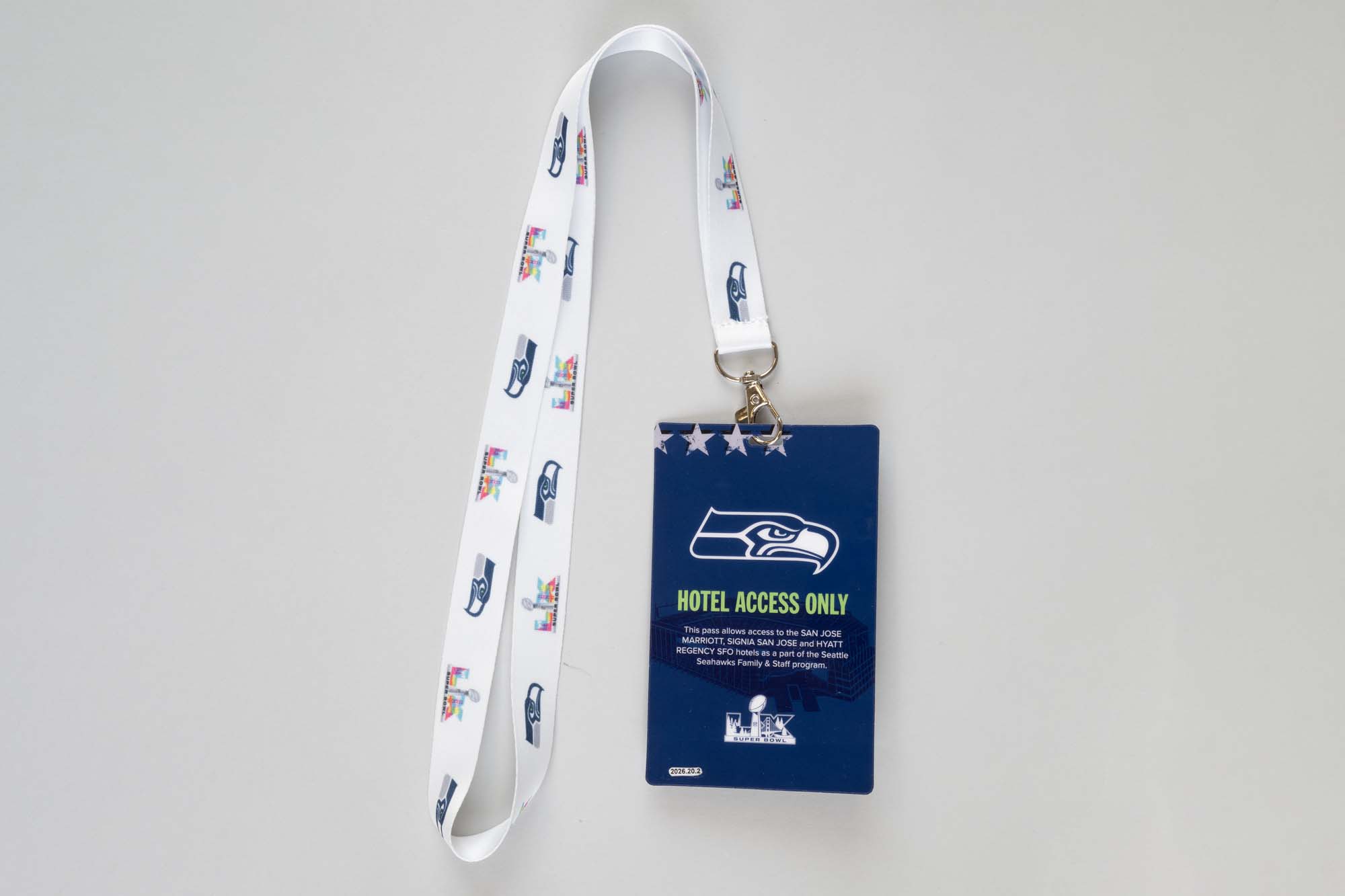 Image of Super Bowl LX San Jose Marriott pass for member of the Seattle Seahawks Ring of Honor club, 2026