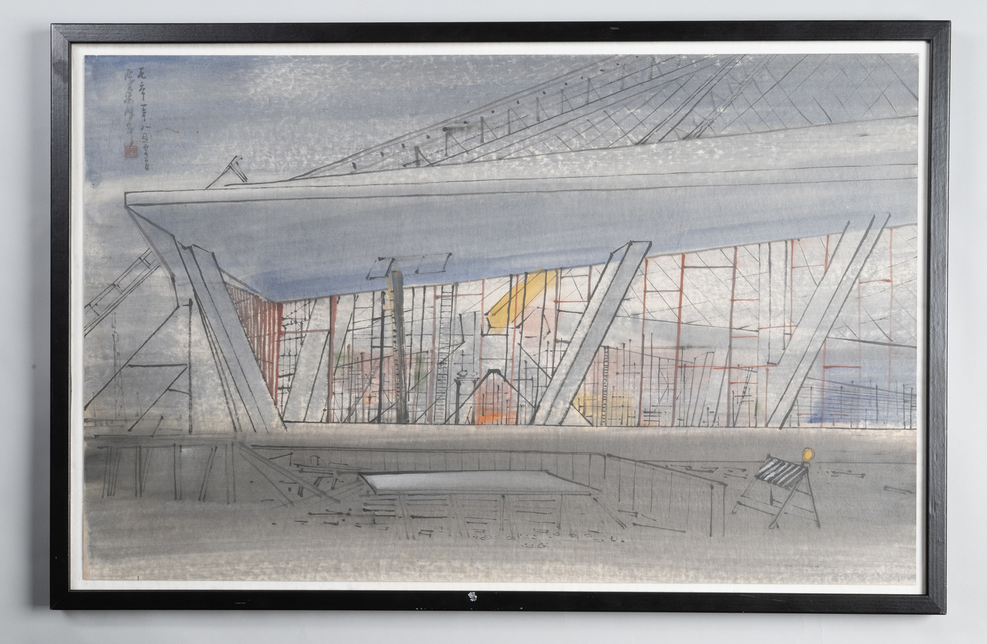 Image of Watercolor painting of the Washington State Pavilion under construction, attributed to George Tsutakawa, 1960-1961