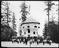 Image of Canadian military band in front of the Vancouver Daily World headquarters at the Alaska-Yukon-Pacific Exposition, 1909
