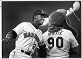Image of Ken Griffey Jr. and the Mariner Moose before game at Kingdome, May 1990