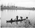 Image of John Yaryan, Marlon Brando, and Bob Satiacum on Puyallup River, March 2, 1964