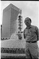 Image of George Tsutakawa with his fountain at Sixth and Seneca, Seattle, 1966
