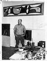 Image of Guy Anderson in his studio with mural design, LaConner, August 16, 1968