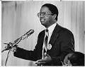 Image of Larry Gossett advocating the recall of Ellen Roe, Seattle, August 9, 1985
