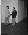 Image of Woody Herman shaking hands with man at Civic Auditorium, Seattle, November 7, 1947