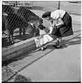 Image of Isabelle and Cheryl Smith feeding animals at the zoo, Seattle, circa 1953