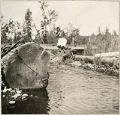 Image of Woman sitting on bridge over Ravenna Creek, Seattle, 1910