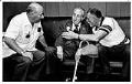 Image of Martin Jugum, Harry Bridges, and William Forester talking at union party, Seattle, June 12, 1986