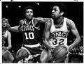 Image of Fred Brown and Jo Jo White during Sonics-Celtics game at Kingdome, Seattle, January 1979