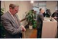 Image of Frank Shrontz and Harold Carr at press conference announcing Boeing layoffs, Seattle, February 18, 1993