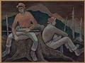 Image of Gouache painting of two hunters resting on a stump, untitled, by Richard Bennett, ca. 1930s
