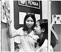 Image of Young women looking at photos at 