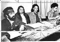 Image of Roberto Maestas, Bernie Whitebear, Jim Robideau, and Larry Gossett speaking at rally, Seattle, February 27, 1974