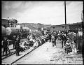 Image of Striking longshoremen blocking train tracks at Pier 40, Smith Cove, Seattle, July 19, 1934