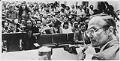 Image of Slade Gorton listening to testimony on bill to decommercialize steelhead trout, Seattle, June 29, 1981