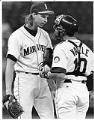 Image of Randy Johnson and Dave Valle talking at pitcher's mound, May 26, 1993