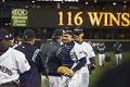 Image of Mariners players being congratulated after 116th win, Safeco Field, Seattle, October 6, 2001