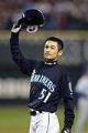 Image of Ichiro Suzuki acknowledging the fans after his record tying 257th hit, Safeco Field, Seattle, October 1, 2004