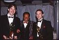 Image of Lionel Hampton posing with two band members, Seattle, August 9, 1991