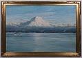 Image of Oil landscape painting featuring a Foss tug chugging across Commencement Bay in Tacoma, Washington, ca. 1930-1940