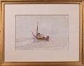 Image of Watercolor painting by Harriet Foster Beecher of Indigenous woman loading a canoe, 1900