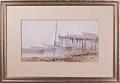 Image of Watercolor painting by Harriet Foster Beecher of two canoes and a sailboat near a beach, ca. 1880s-1990s
