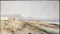 Image of Watercolor painting of a beach scene with Native American canoe by Harriet Foster Beecher, ca. 1870-1915