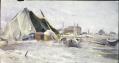 Image of Watercolor painting of a beach scene with tent by Harriet Foster Beecher, ca. 1870-1915