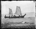 Image of West Coast style canoe with two sails, circa 1900
