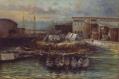 Image of Painting of the Seattle waterfront with Indigenous canoes by P.A. Morgan, ca. 1880