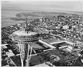 Image of Aerial of Space Needle and fairgrounds during construction from southeast, Seattle World's Fair, circa 1961