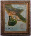 Image of Painted map made by Adolph P. Wagner circa 1900-1920 and featuring an aerial view of Seattle in 1855-1856