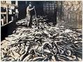 Image of 10,000 salmon on cannery wharf and Chinese worker, circa 1900