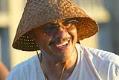 Image of Mike Evans (Snohomish) wearing a traditional cedar hat, Redondo Beach, August 2002