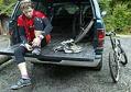 Image of Kevin Myette preparing to test a REI mountain bike at Tiger Mountain, Issaquah, October 11, 2002