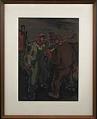 Image of Painting of three workmen in a huddle with one holding a shovel, by Carl Morris, 1920-1960