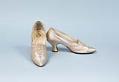 Image of Pair of cream satin wedding shoes with beaded toe, from Turrell's Seattle, ca. 1910s