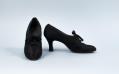 Image of Pair of black satin and grosgrain pumps with lace ties, 