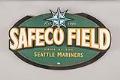 Image of Wooden logo sign from formerly named Safeco Field ballpark, 1999