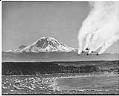 Image of Blue Angels flying over Lake Washington during Seafair, Mount Rainier in background, Seattle, August 1978
