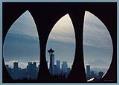 Image of View of downtown and Mount Rainier through Doris Chase's sculpture 