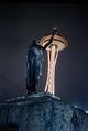 Image of Chief Si'ahl (Chief Seattle) statue and Space Needle, Seattle World's Fair, 1962