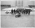 Image of Marion Diedricks demonstrating for Seattle Police Department motorcycle corps, Seattle, March 17, 1941