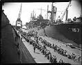 Image of Troops boarding ship at Port of Embarkation, Seattle, 1945