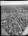 Image of Aerial of freeway bridge under construction, Seattle, 1959