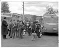 Image of Incarcerees arriving on buses at the Puyallup Assembly Center, Puyallup, 1942