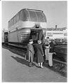 Image of First monorail train arriving at railroad yards, Seattle, 1962