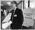 Image of Bill Gates at a meeting of financial analysts at the Microsoft campus in Redmond, July 25, 1991