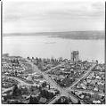Image of Aerial of Evergreen Point Bridge under construction from southwest, Seattle, 1963