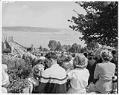 Image of Crowd watching Seafair hydroplane races from above Lake Washington floating bridge, Seattle, 1952